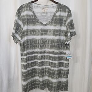 Style Co 0X Casual Tie Dye Striped Grey Green White V Neck T Shirt Tee Top